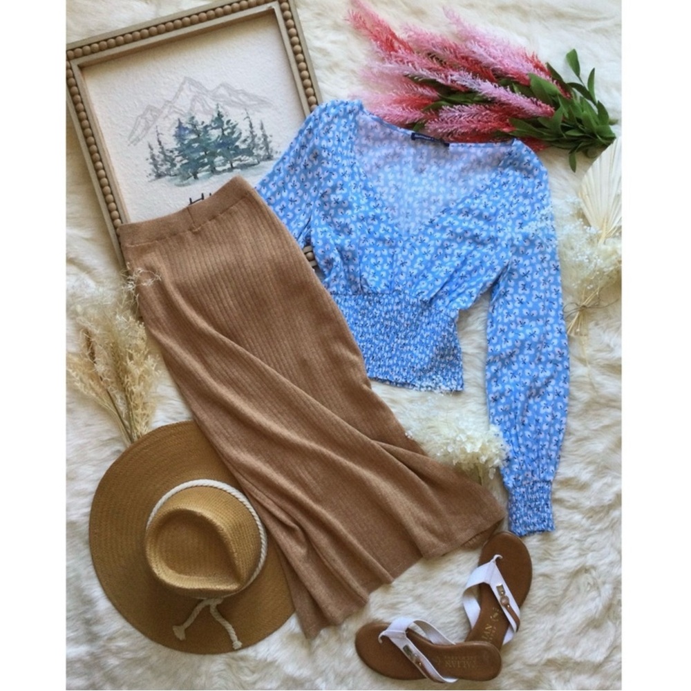 Free People XS Heathered Brown Ribbed Knit Slit Midi Skirt Western Boho Neutral
